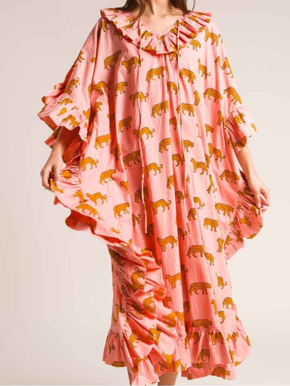 Pink Tiger Print Caftan with Ruffle Details. One Size. All Cotton. Machine Wash.